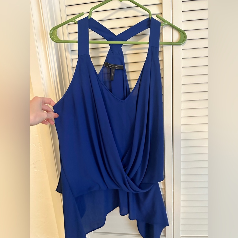 BCBGMAXAZRIA blue drape high low tank top